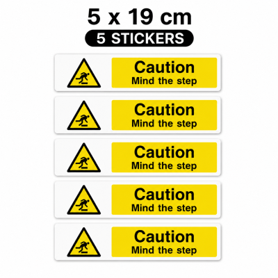 Caution Mind The Step Warning Stickers Waterproof Safety Sign Stair Label – Small Pack - 5 Stickers - 5 x 19 cm