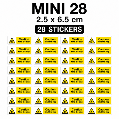 Caution Mind The Step Warning Stickers Waterproof Safety Sign Stair Label – Mini Pack - 28 Stickers - 2.5 x 6.5 cm