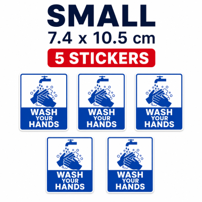 Wash Your Hands Stickers Waterproof Hygiene Safety Labels – Small Pack – 5 Stickers – 7.4 × 10.5 cm