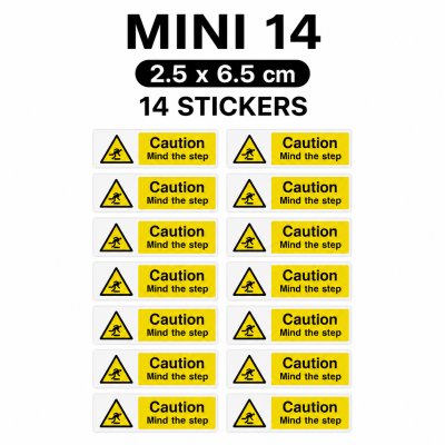 Caution Mind The Step Warning Stickers Waterproof Safety Sign Stair Label – Mini Pack - 14 Stickers - 2.5 x 6.5 cm