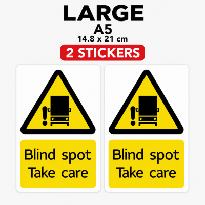 Blind Spot Take Care Stickers Waterproof Vehicle Warning Labels – Large A5 – 2 Stickers – 14.8 × 21 cm