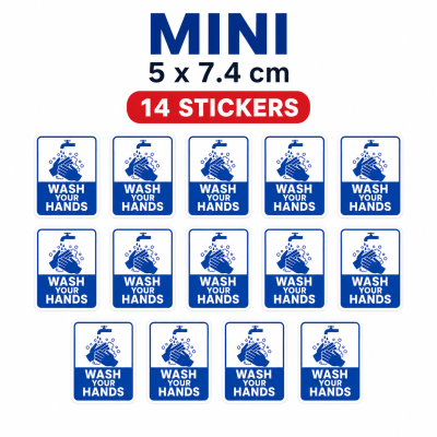 Wash Your Hands Stickers Waterproof Hygiene Safety Labels – Mini Pack – 14 Stickers – 5 × 7.4 cm