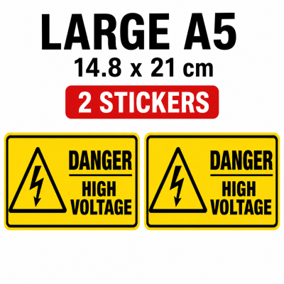 Danger High Voltage Stickers Waterproof Warning Safety Labels Multiple Sizes – Large A5 - 14.8 x 21 cm - 2 Stickers