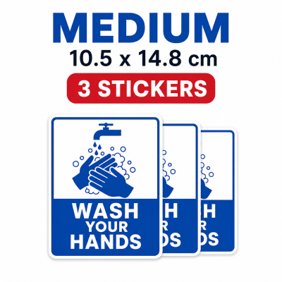Wash Your Hands Stickers Waterproof Hygiene Safety Labels – Medium Pack – 3 Stickers – 10.5 × 14.8 cm