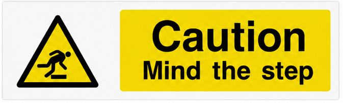 Caution Mind the Step landscape warning sticker with yellow background and trip hazard symbol