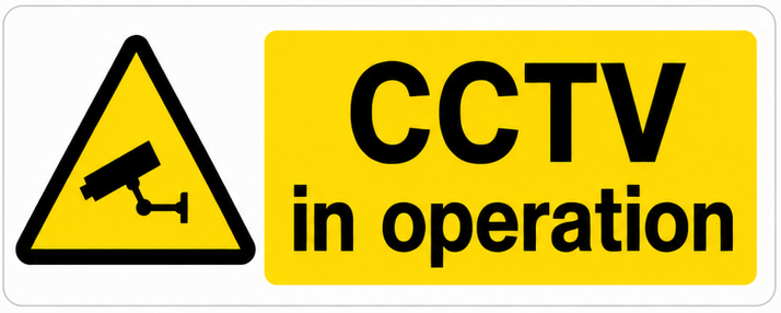 CCTV In Operation landscape warning sticker with yellow background and camera symbol