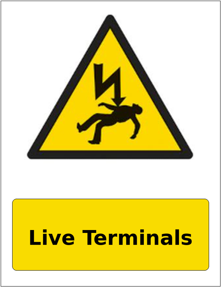 Live Terminals portrait electrical warning sticker