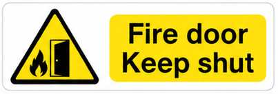 Fire Door Keep Shut landscape warning sticker with yellow background and fire door symbol
