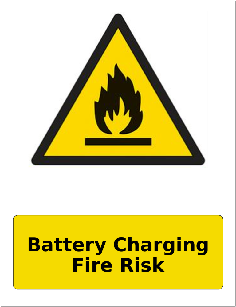 Battery Charging Fire Risk portrait flammable warning sticker