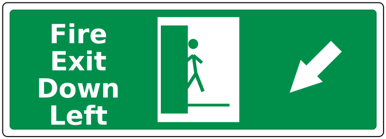 Fire Exit Down Left landscape fire safety sticker